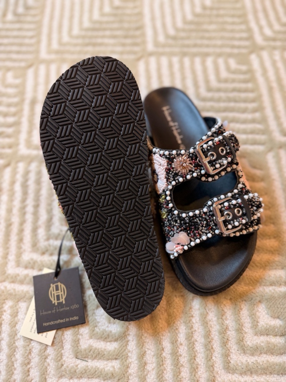 NEW House of Harlow 1960 Pink & Black Beaded Double-Buckle Slide Sandals - Picture 6 of 10
